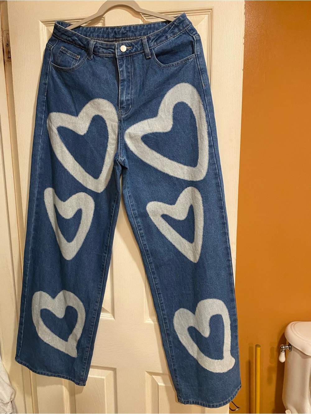 SHEIN Blue Denim Jeans with White Heart Prints